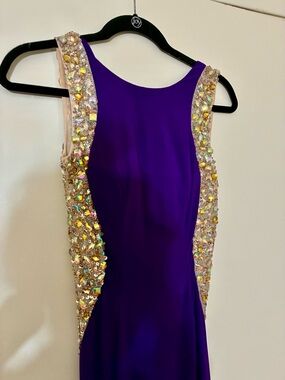 Camille La Vie Purple Sleeveless Gown with Gold Crystal Side Panels SZ 0